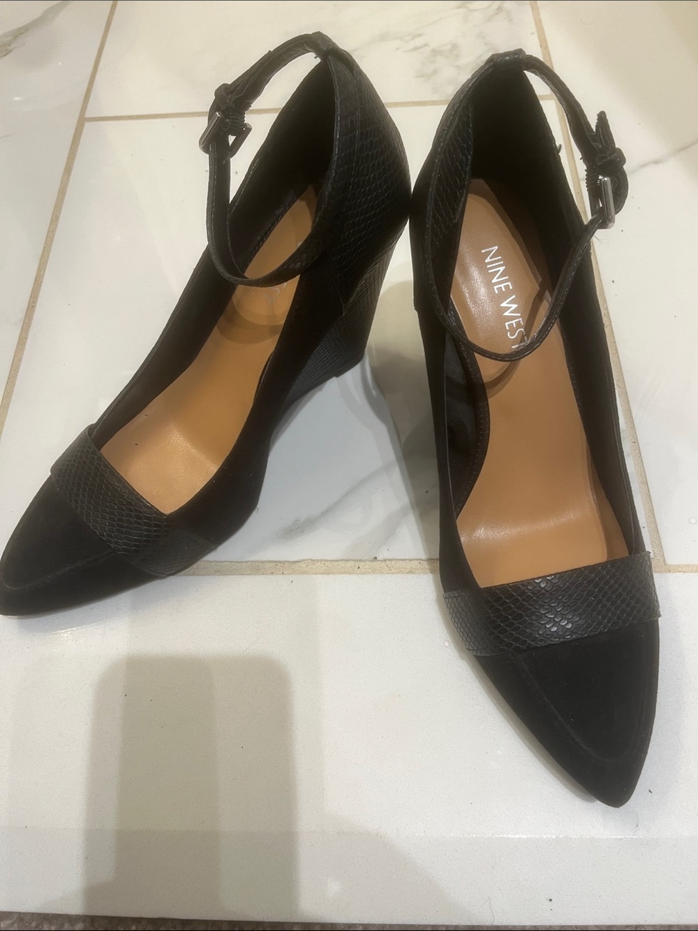 Nine West Black Pointed-Toe Ankle-Strap Wedge Pumps